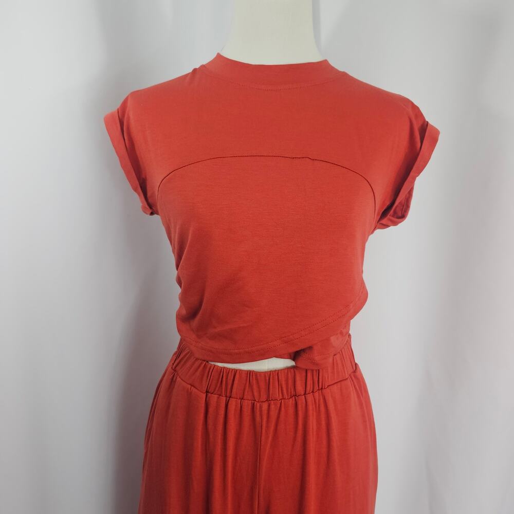 Cupshe Rust Orange Jersey Wide Leg Pants & Cropped Wrap Top Women's Size S NWT - Picture 3 of 16